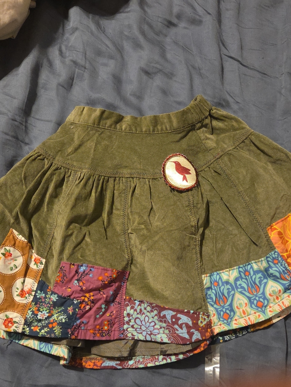 Matilda Jane Bohemian Olive Patchwork Skirt with Bird Patch